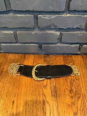 Vintage Black Buffalo Calf Leather Gold Curb Chain Thick Belt Medium